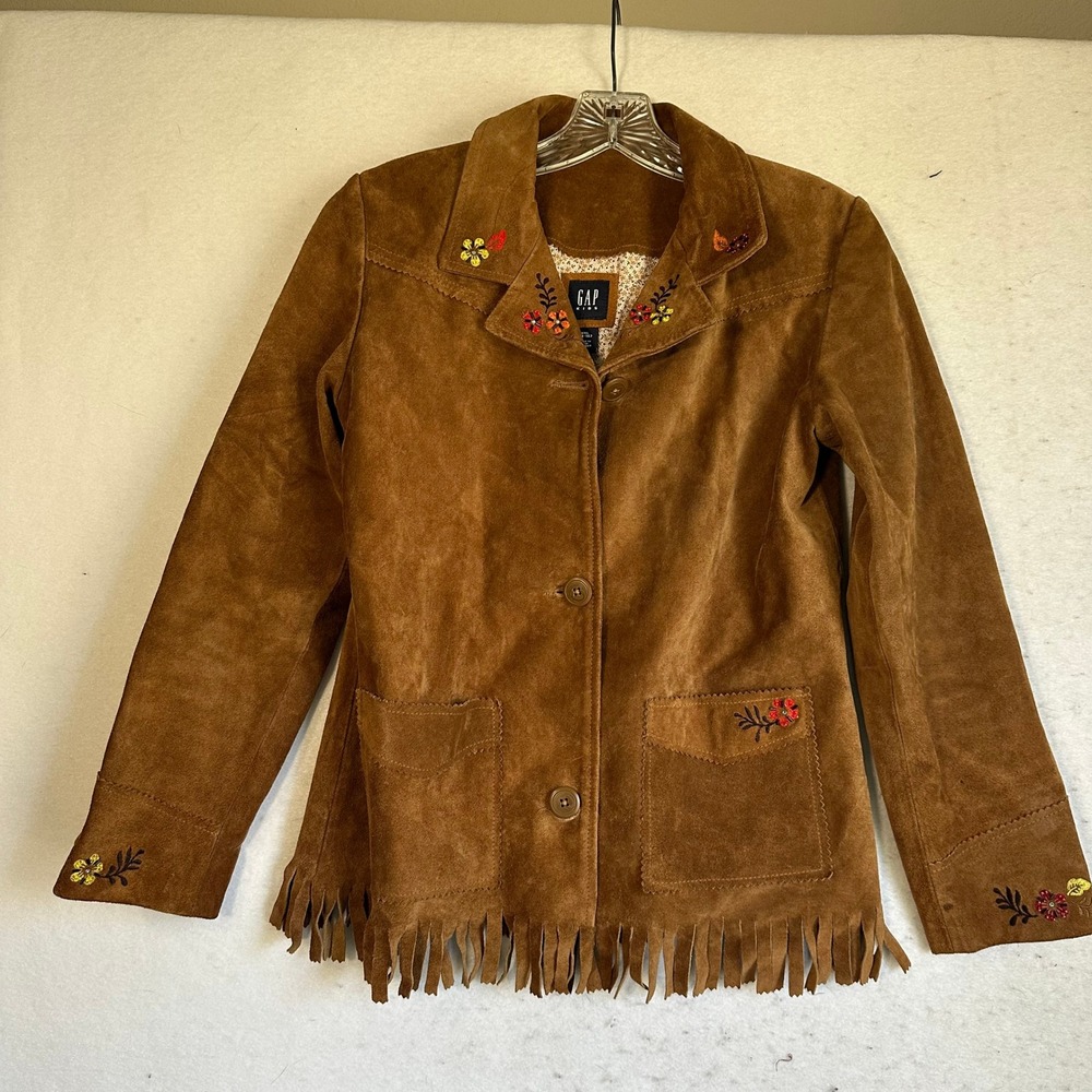 Gap Kids XXL 14-16 Brown Suede Fringe Western Jacket Floral Embroidered western